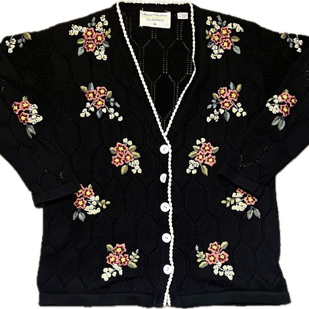 Marisa‎ Christina Floral Embroidered Knit Cardigan Black Cottagecore Vintage M